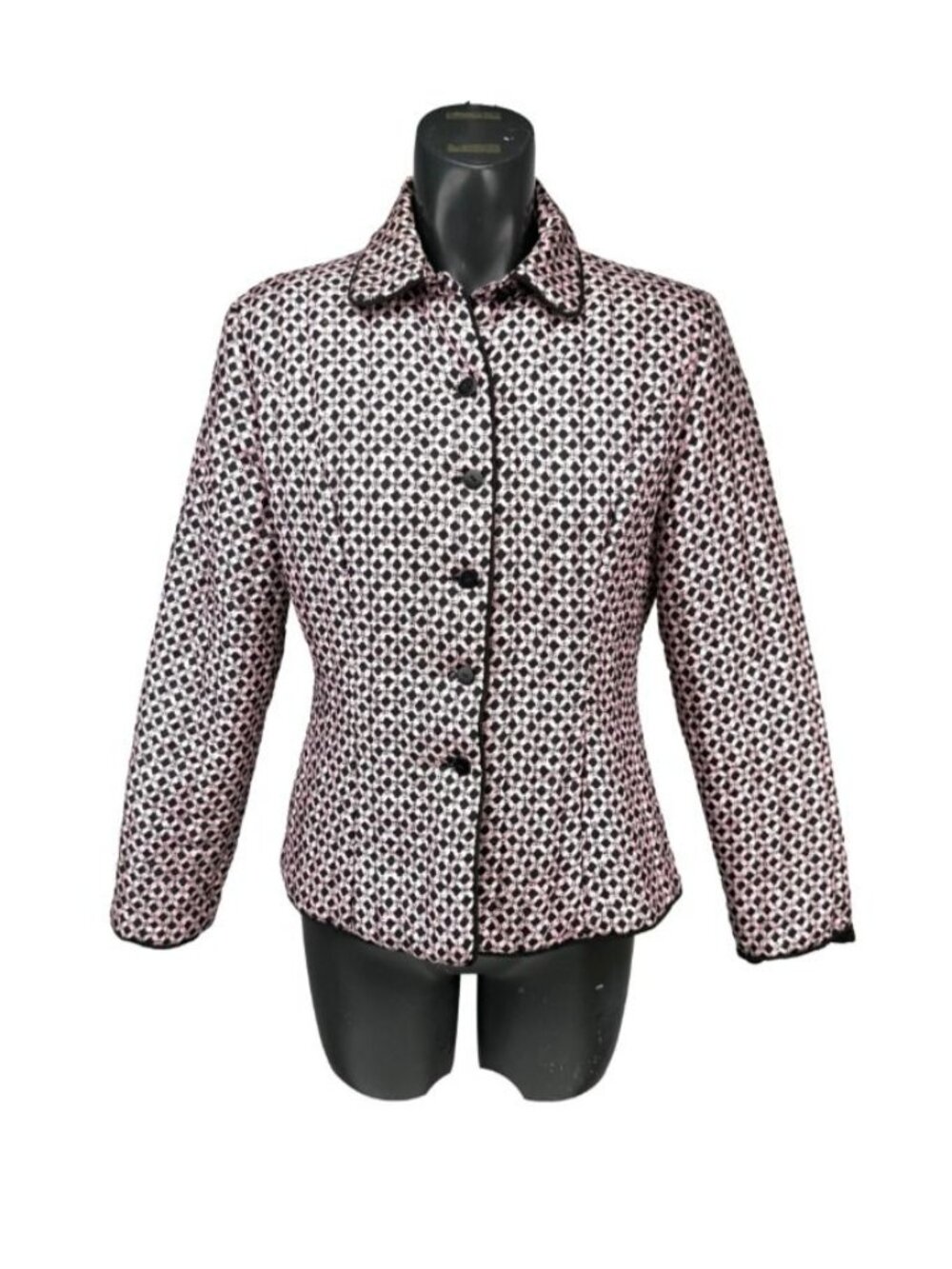 VTG 100% Silk Cinched Waist Pink Black Geometric Button Front Quilted Jacket M
